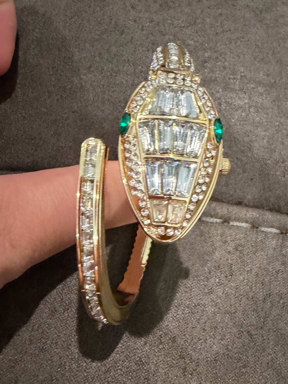 Gold Crystal and Emerald Statement Bangle Bracelet watch